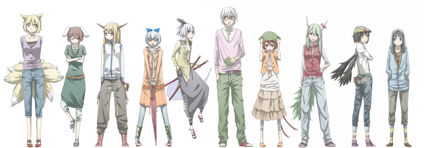 6+girls, alternate_costume, arabahama, black_wings, blonde_hair, book, boots, casual