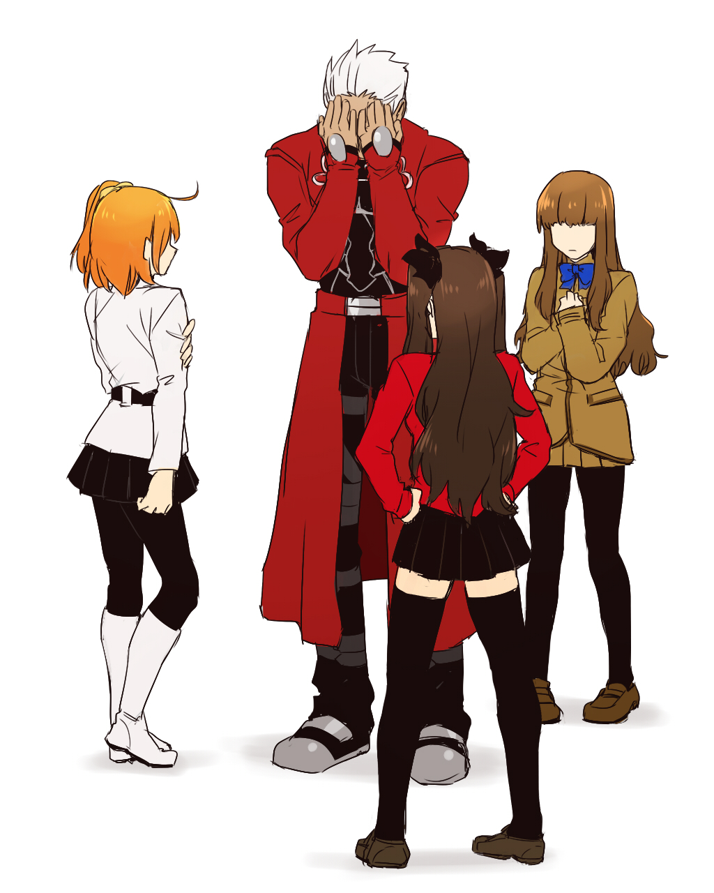 10s, 1boy, 3girls, ahoge, archer_(fate), bad_id, bad_pixiv_id, black_bow