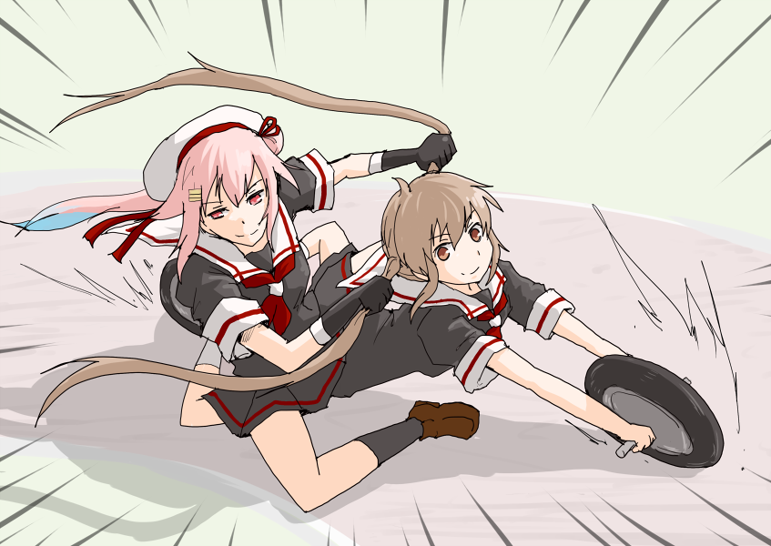 10s, 2girls, ashitaba_tomorou, beret, black_serafuku, blue_hair, gloves, gradient_hair, harusame_(kancolle), hat, kantai_collection, long_hair, multicolored_hair, multiple_girls, murasame_(kancolle), pink_eyes, pink_hair, riding, school_uniform, serafuku, side_ponytail, sitting, smile, twintails, what, wheel