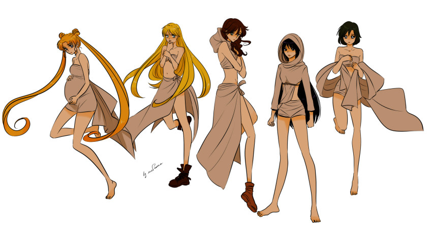 5girls, aino_minako, bare_shoulders, barefoot, bishoujo_senshi_sailor_moon, black_hair, blonde_hair, boots, brown_hair, capable_(mad_max), cheedo_the_fragile, full_body, highres, hino_rei, hood, kino_makoto, lisginka, long_hair, mad_max, mad_max:_fury_road, midriff, mizuno_ami, multiple_girls, navel, parody, pregnant, sailor_moon, short_hair, signature, simple_background, skirt, the_dag, the_splendid_angharad, toast_the_knowing, tsukino_usagi, very_long_hair, white_background