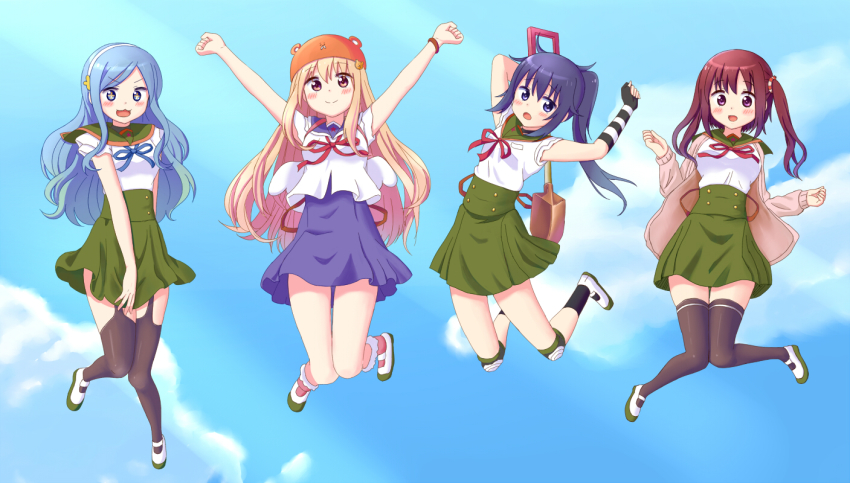 +_+, 4girls, black_hair, blonde_hair, blue_eyes, blue_hair, brown_eyes, brown_hair, cardigan, cosplay, doma_umaru, ebina_nana, ebisuzawa_kurumi, ebisuzawa_kurumi_(cosplay), gakkou_gurashi!, hat, himouto!_umaru-chan, jumping, lilium443, long_hair, motoba_kirie, multiple_girls, naoki_miki, naoki_miki_(cosplay), school_uniform, season_connection, serafuku, shoes, shovel, tachibana_sylphynford, takeya_yuki, takeya_yuki_(cosplay), thighhighs, twintails, uwabaki, wakasa_yuuri, wakasa_yuuri_(cosplay), worktool