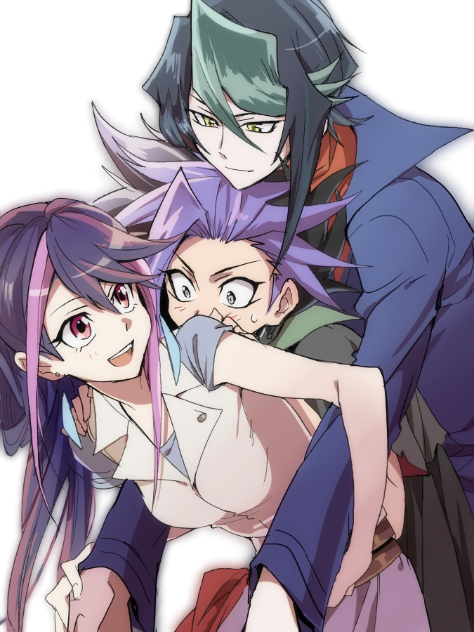 1girl, 2boys, blush, brother_and_sister, drawfag, jacket, kurosaki_ruri, kurosaki_shun_(yu-gi-oh!)
