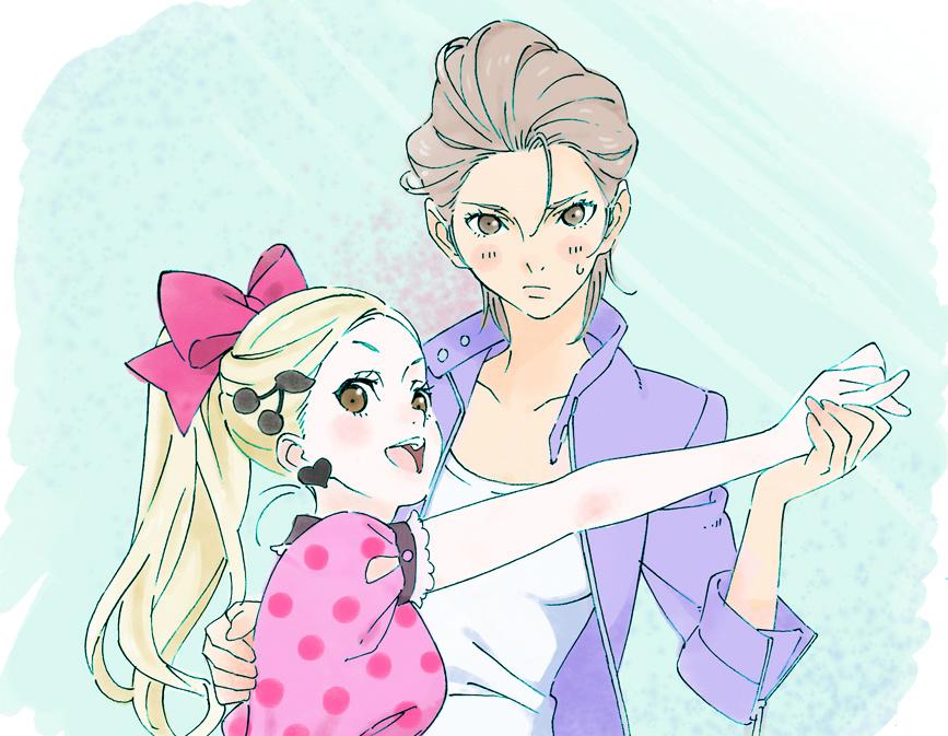 2girls, bad_id, bad_twitter_id, blonde_hair, brown_eyes, brown_hair, couple, hair_ornament