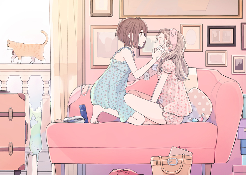 2girls, applying_makeup, bad_id, bad_pixiv_id, bag, bare_legs, bare_shoulders, barefoot