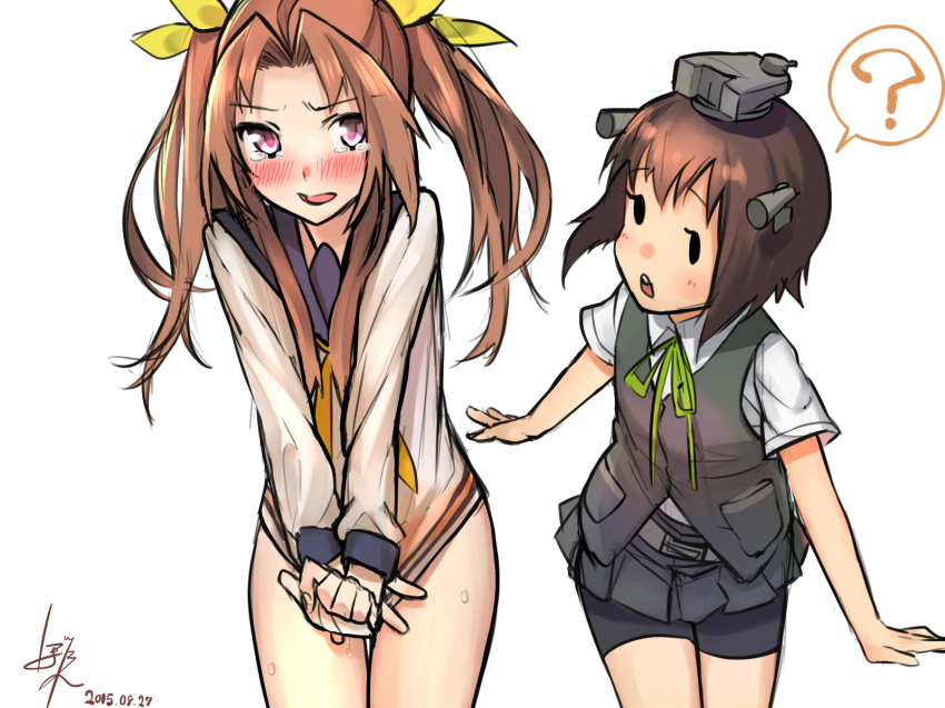 2girls, ?, baffu, bike_shorts, blush, brown_hair, cosplay, costume_switch