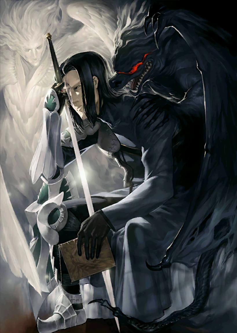 1boy, angel, angel_and_devil, angel_wings, armor, armored_boots, black_hair, book