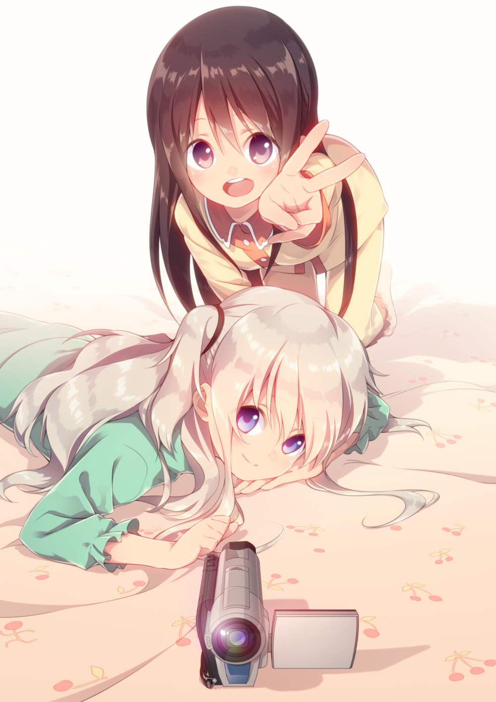 10s, 2girls, :d, all_fours, alternate_hairstyle, black_hair, blue_eyes, camcorder