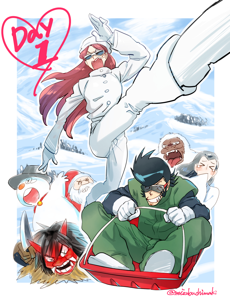 >_<, 10s, 2girls, 5boys, alternate_hairstyle, anger_vein, dandy_(space_dandy), closed_eyes