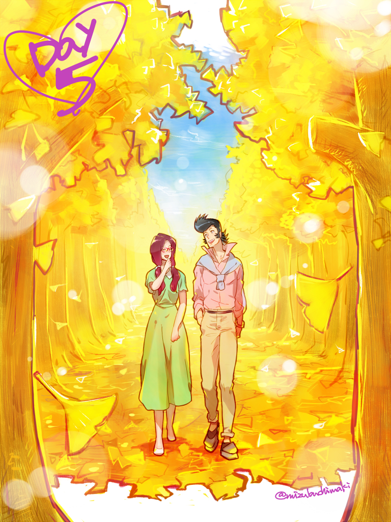 10s, 1boy, 1girl, alternate_hairstyle, dandy_(space_dandy), glasses, heart, hetero