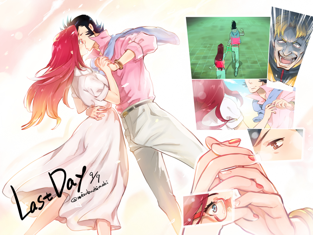 10s, 1girl, 2boys, alternate_hairstyle, dandy_(space_dandy), dolph_(space_dandy), glasses, holding_hands, kiss, multiple_boys, pilot_suit, pompadour, red_hair, samba-temperado, scarlet_(space_dandy), space_dandy