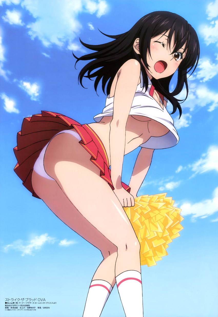 10s, 1girl, absurdres, bare_shoulders, black_hair, breasts, brown_eyes, cheerleader