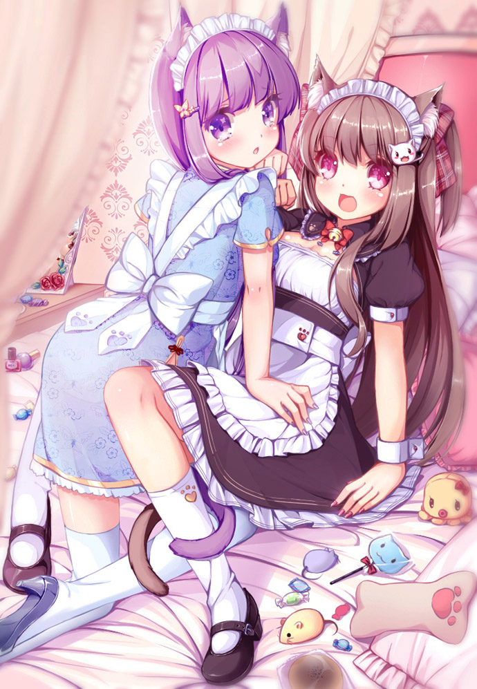 2girls, :3, animal_ears, apron, bed, bed_sheet, bell, bow