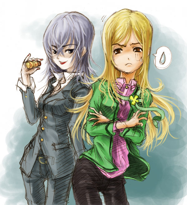 >:(, 2girls, alternate_costume, alternate_hair_length, alternate_hairstyle, annoyed, ass, belt