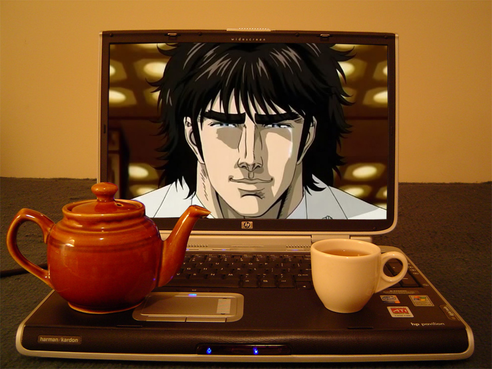 1boy, 2d_dating, computer, cup, hewlett_packard, hokuto_no_ken, kasumi_kenshirou, laptop, lonely, male_focus, manly_tears, microsoft_windows, parody, photo_(medium), solo, souten_no_ken, tea, teacup, teapot, tears, third-party_edit, what, windows_xp