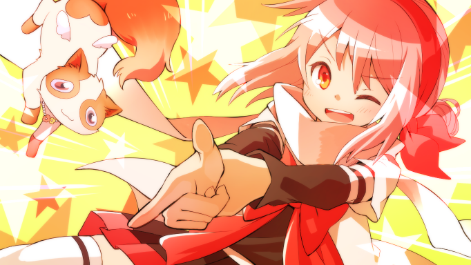 10s, 1girl, ;d, bimi_(mgk), hair_bun, hairband, ichinomiya_eruna, looking_at_viewer, mikagura_gakuen_kumikyoku, mono_(nekogoya), one_eye_closed, open_mouth, pink_hair, scarf, school_uniform, side_bun, single_side_bun, smile, thighhighs, white_thighhighs, zettai_ryouiki