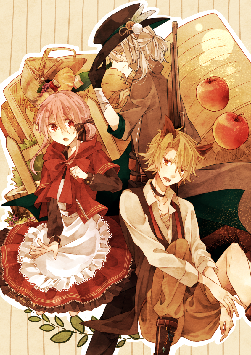 1girl, 2boys, animal_ears, apple, big_bad_wolf, big_bad_wolf_(cosplay), book, brown_hair