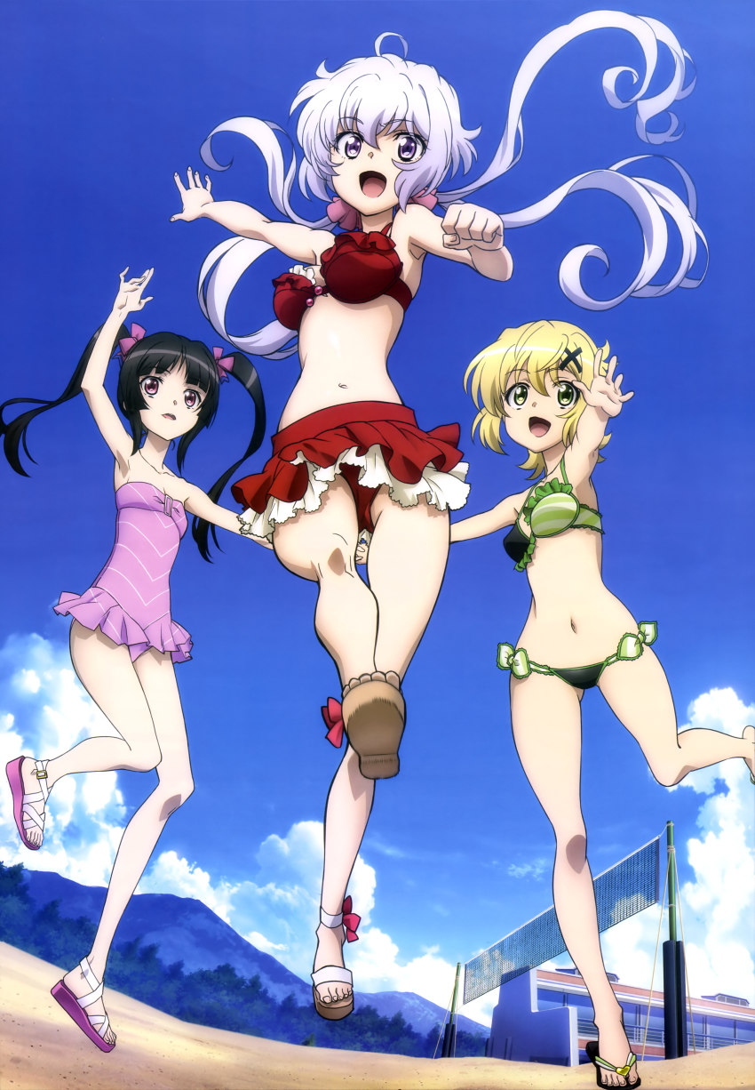 10s, 3girls, :d, absurdres, akatsuki_kirika, bikini, black_hair, blonde_hair