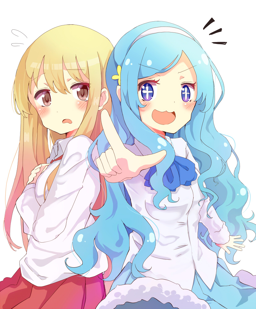 +_+, 10s, 2girls, :3, blonde_hair, blue_eyes, blue_hair, blue_skirt