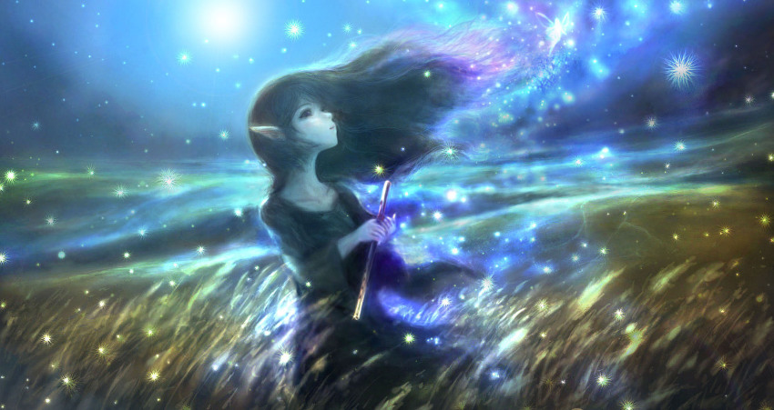 00, blurry, collarbone, dark, dress, elf, fairy, fantasy, field, flute, full_moon, highres, instrument, light_particles, long_hair, looking_at_another, looking_up, magic, moon, night, original, pointy_ears, scenery, silhouette, solo, wheat, wind