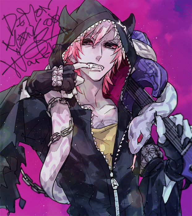 10s, 1boy, black_nails, chain, colored_sclera, colored_skin, demon_mangu_(show_by_rock!!), fangs