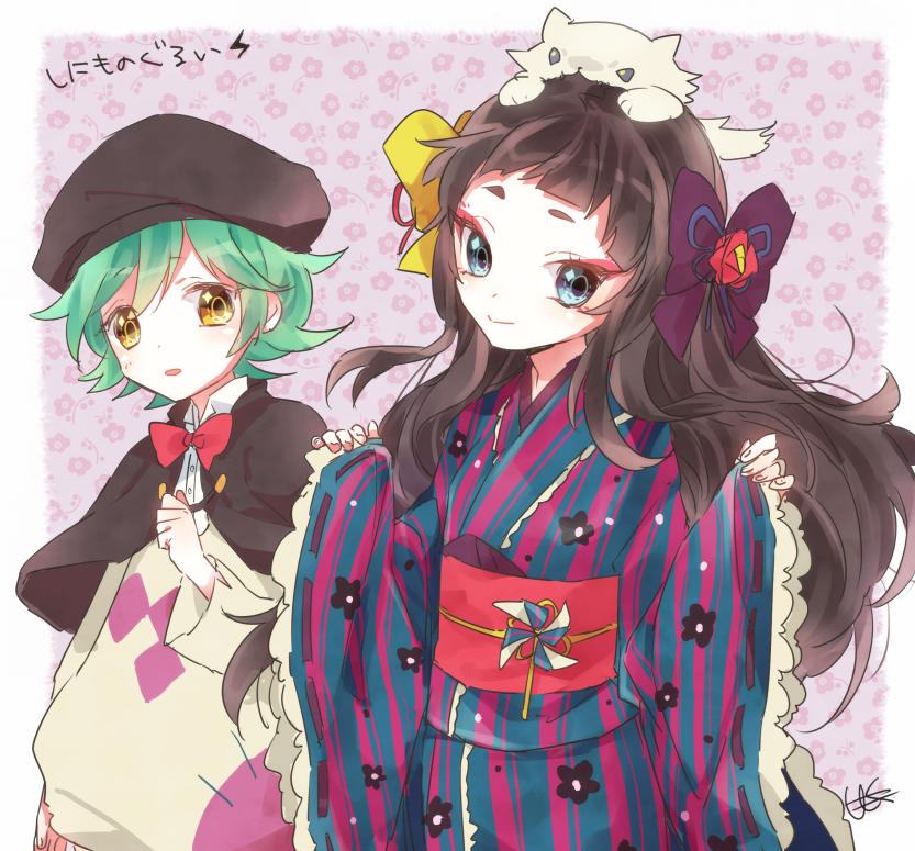 10s, 1boy, 1girl, animal, animal_on_head, artist_name, bad_id, bad_pixiv_id