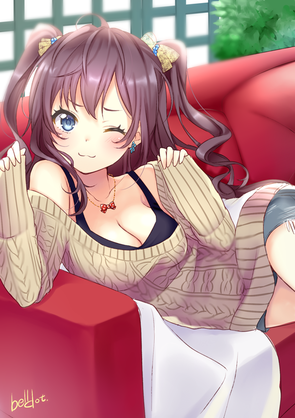 10s, 1girl, ;3, belldot, blue_eyes, blush, bow, breasts, brown_hair, cleavage, couch, earrings, female_focus, hair_bow, ichinose_shiki, idolmaster, idolmaster_cinderella_girls, jewelry, large_breasts, long_hair, long_sleeves, looking_at_viewer, lying, necklace, on_side, one_eye_closed, short_shorts, shorts, smile, solo, sweat