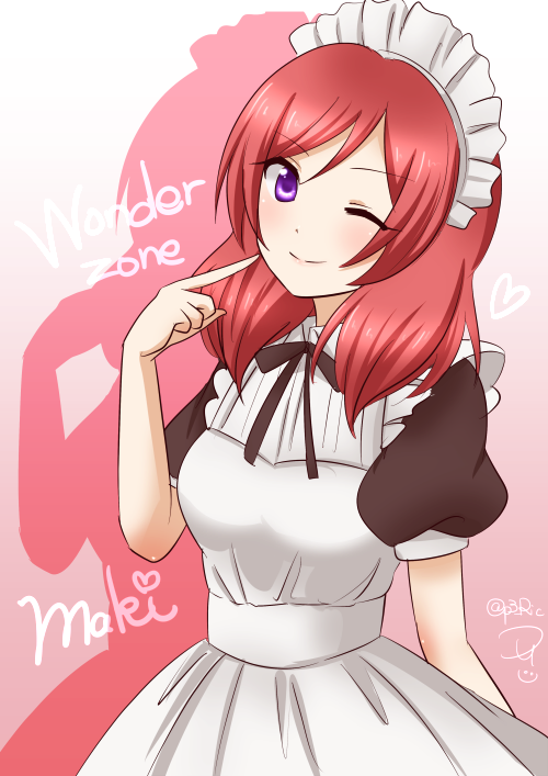 10s, 1girl, character_name, female_focus, love_live!, love_live!_school_idol_festival, love_live!_school_idol_project, maid, maid_headdress, nishikino_maki, one_eye_closed, purple_eyes, red_hair, ric._(marchen_mozuku), shadow, short_hair, solo, song_name