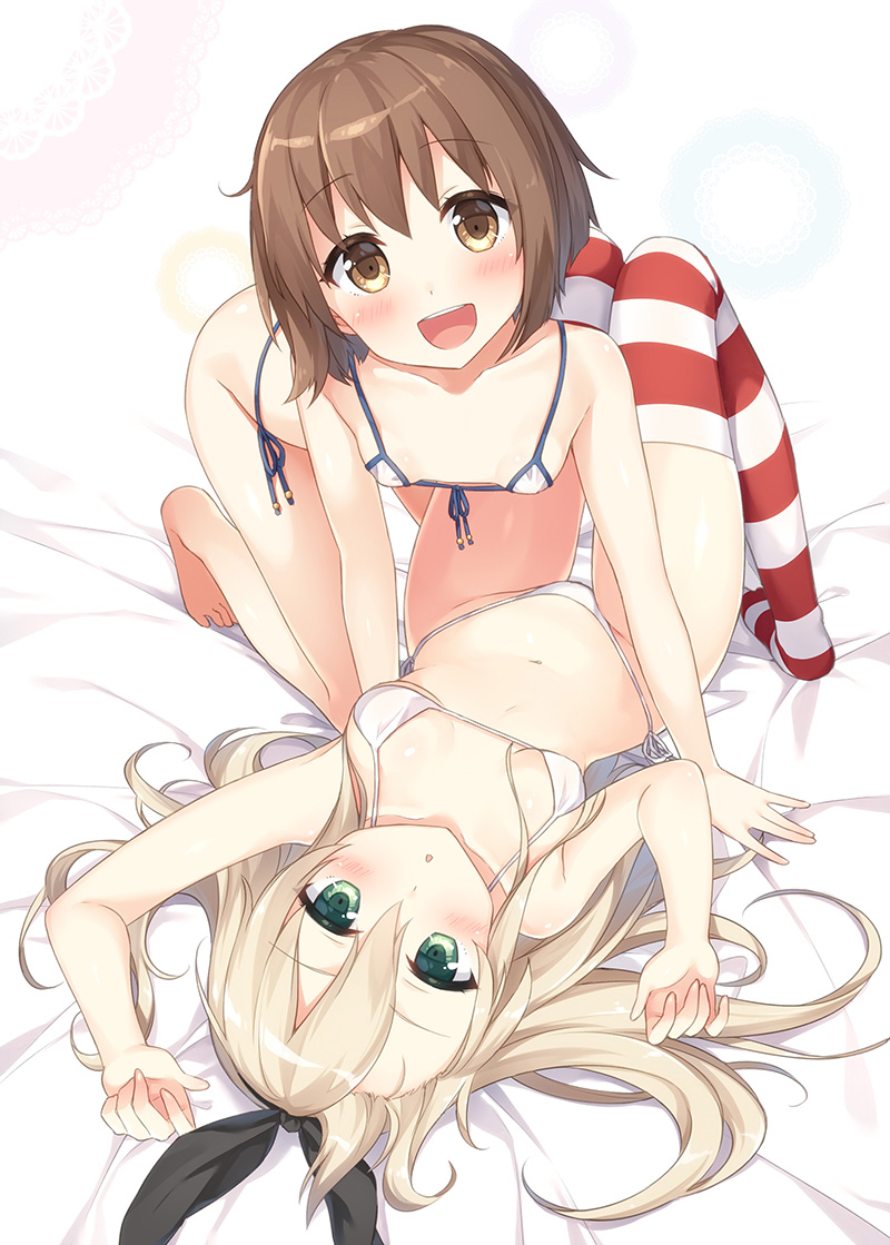 10s, 2girls, bad_id, bad_pixiv_id, bikini, brown_eyes, brown_hair, girl_on_top