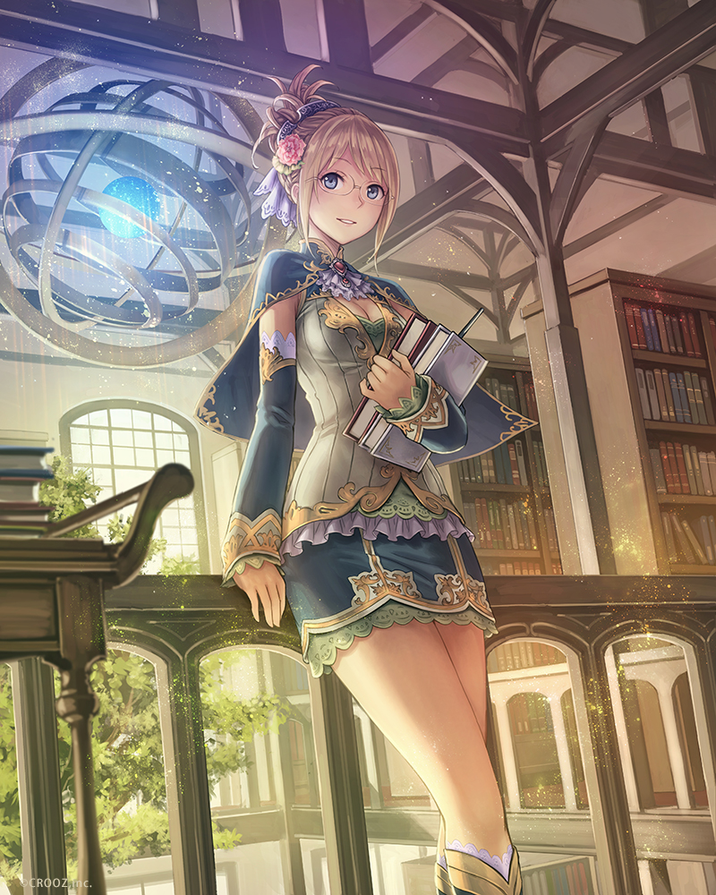 1girl, against_railing, anbe_yoshirou, armillary_sphere, black_eyes, book, bookshelf, breasts