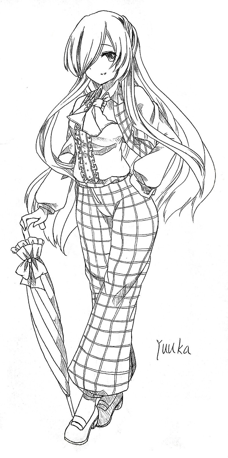 1girl, ascot, character_name, closed_umbrella, greyscale, hand_on_own_thigh, highres, kazami_yuuka, kazami_yuuka_(pc-98), long_hair, monochrome, one_eye_covered, pants, parody, plaid_clothes, plaid_pants, plaid_vest, shirt, smile, symposium_of_post-mysticism, touhou, touhou_(pc-98), umbrella, very_long_hair, vest, yanmenglong1999