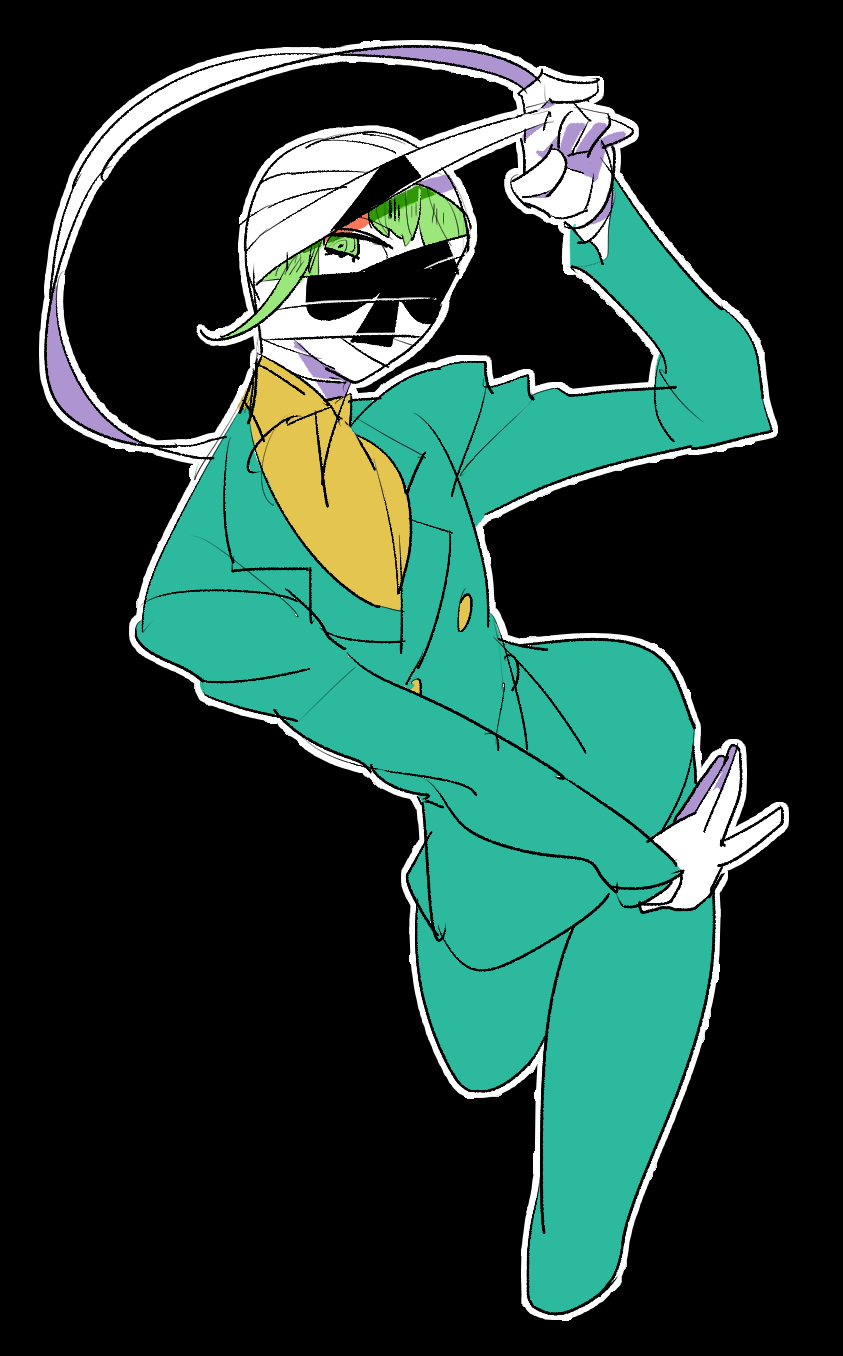 1girl, ai_(kaitou_joker), bandage_on_face, bandages, black_background, dark_eye, female_focus, formal_clothes, green_eyes, highres, kaitou_joker, kinako_(marubotan), looking_at_viewer, simple_background, solo, suit, unraveling