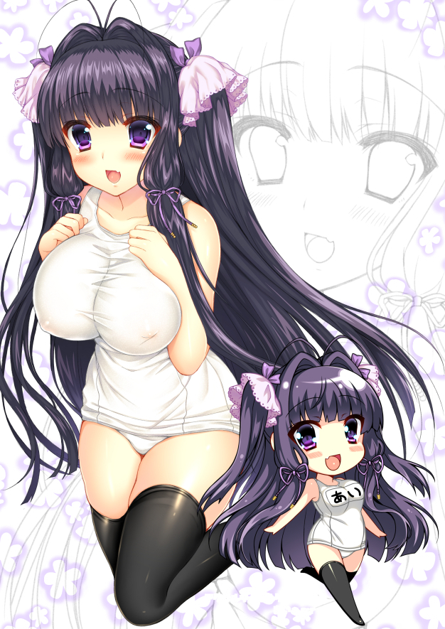 1girl, akashi_(akashimichi), bare_shoulders, black_thighhighs, breasts, chibi, covered_erect_nipples, female_focus