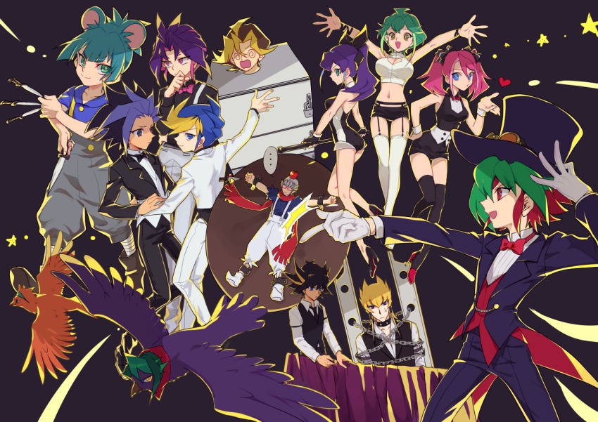 3girls, 6+boys, akaba_reiji, bracelet_girls, crow_hogan, duel_monster, colored_bangs, fluffal_mouse