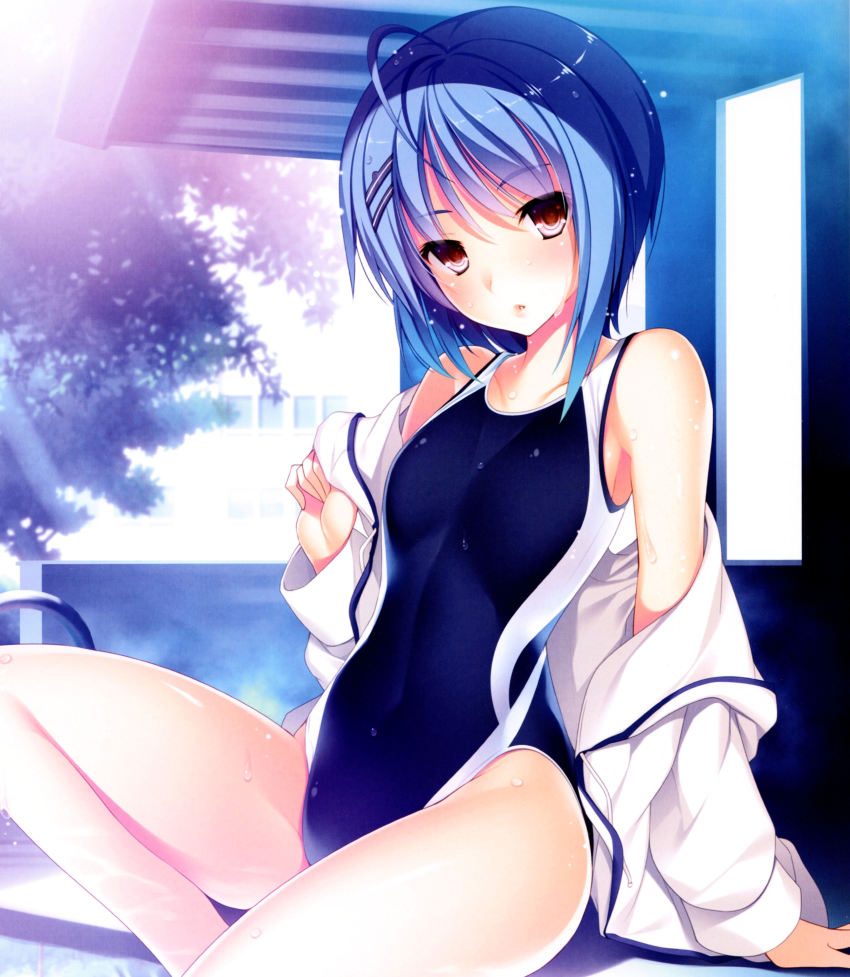 1girl, absurdres, ahoge, arm_support, blue_hair, breasts, competition_swimsuit, female_focus