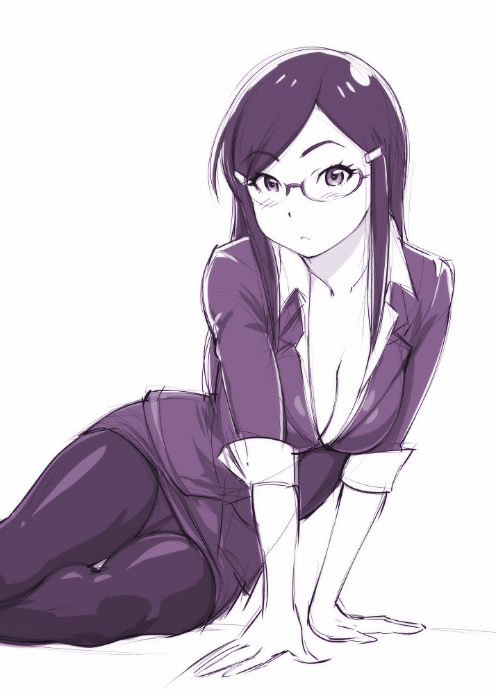 10s, 1girl, :<, breasts, classroom_crisis, cleavage, collarbone, cropped_legs, crotch_seam, downblouse, female_focus, formal_clothes, glasses, hair_ornament, hairclip, hattori_hanako, long_hair, looking_afar, monochrome, panties, panties_under_pantyhose, pantyhose, pantyhose_on_head, pencil_skirt, simple_background, skirt, skirt_suit, solo, suit, ueyama_michirou, underwear, white_background