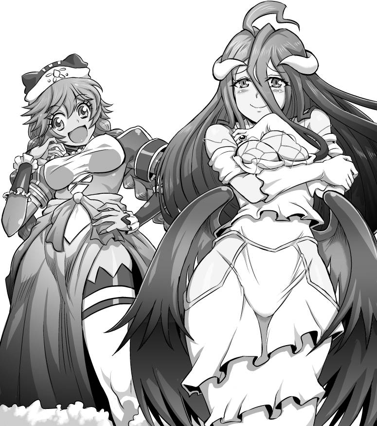2girls, :d, ahoge, albedo_(overlord), apron, braid, breasts, clothing_cutout