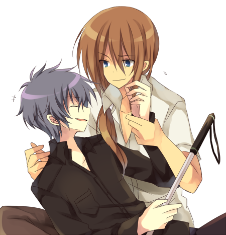 10s, 2boys, bad_id, bad_pixiv_id, blue_eyes, brown_hair, cane, charlotte_(anime)