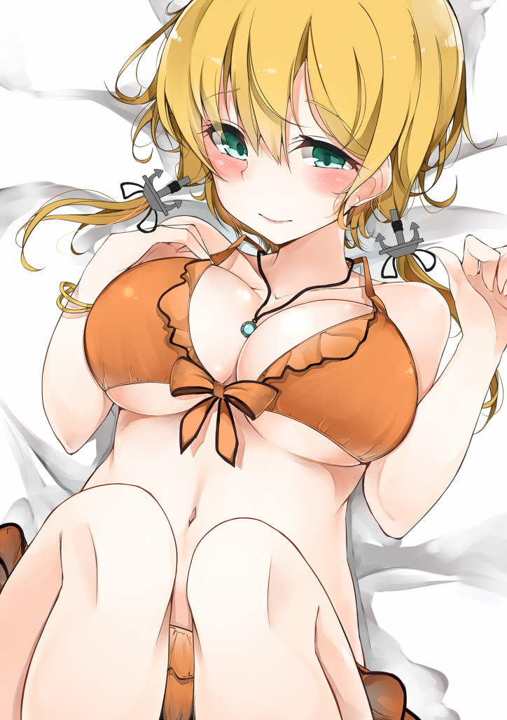 10s, 1girl, anchor_hair_ornament, bikini, blonde_hair, blush, breasts, cole_(coleltu)