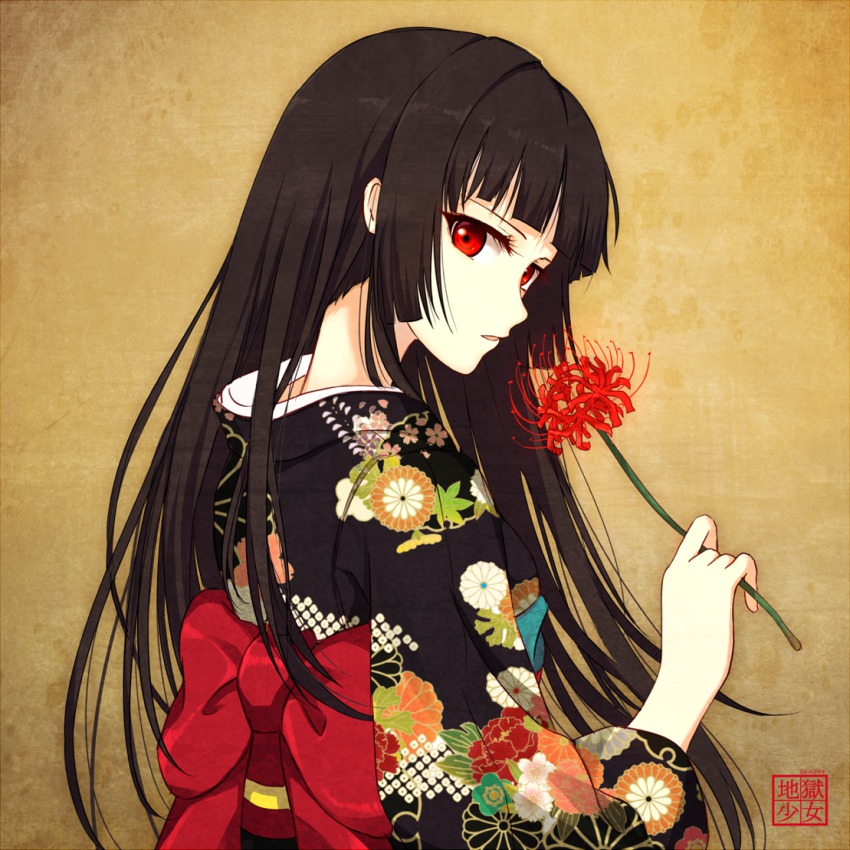 1girl, black_hair, enma_ai, female_focus, floral_print, flower, hime_cut, japanese_clothes