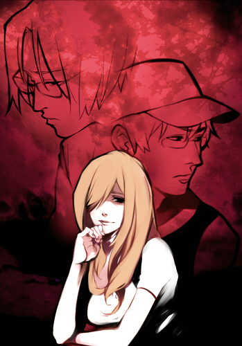 1girl, 2boys, bad_id, bad_pixiv_id, black_eyes, blonde_hair, glasses, hair_over_one_eye, hat, higurashi_no_naku_koro_ni, irie_kyousuke, light_smile, long_hair, looking_at_viewer, lowres, monochrome, multiple_boys, ooyama_(hnk1018), red_background, serious, shaded_face, short_hair, takano_miyo, tomitake_jirou