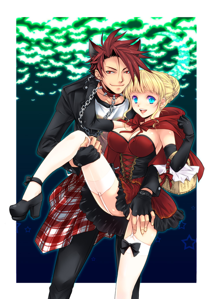 1boy, 1girl, animal_ears, ass_support, basket, bat_(animal), beatrice_(umineko), big_bad_wolf