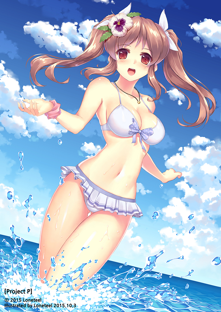 1girl, :d, bare_arms, bikini, bikini_skirt, blush, breasts, brown_hair