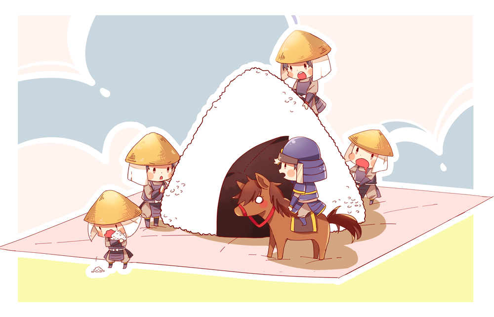 10s, 5boys, armor, blush_stickers, chibi, chiju, drooling, food