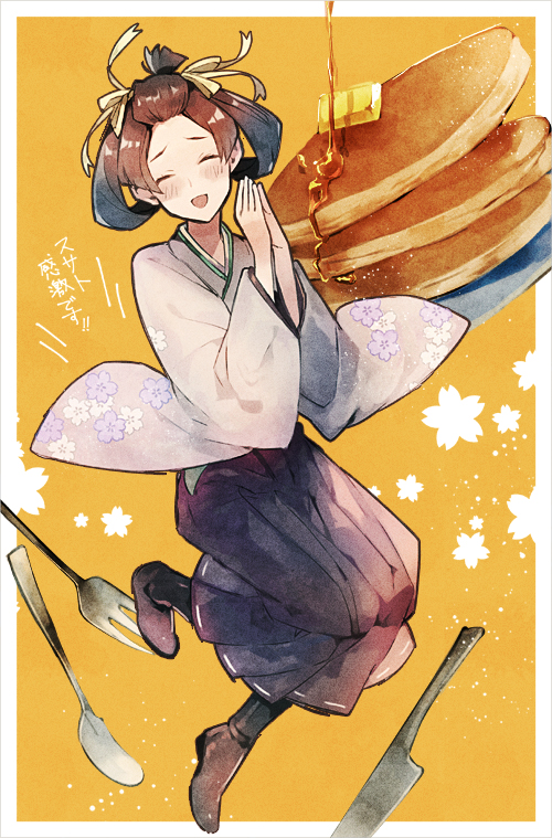 1girl, ace_attorney, black_hair, butter, closed_eyes, female_focus, food, fork, full_body, hair_rings, half_updo, japanese_clothes, kimono, knife, meiji_schoolgirl_uniform, own_hands_together, pancake, sasakama_(f214), short_hair, smile, solo, spoon, susato_mikotoba, syrup, the_great_ace_attorney, the_great_ace_attorney:_adventures, yellow_background