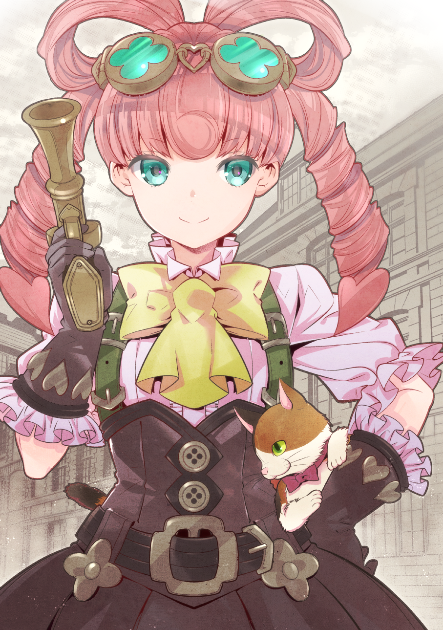 1girl, ace_attorney, aqua_eyes, belt, black_gloves, black_skirt, bow, cat