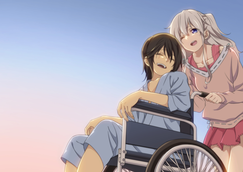 10s, 1boy, 1girl, :d, ;d, ^_^, black_hair, blue_eyes