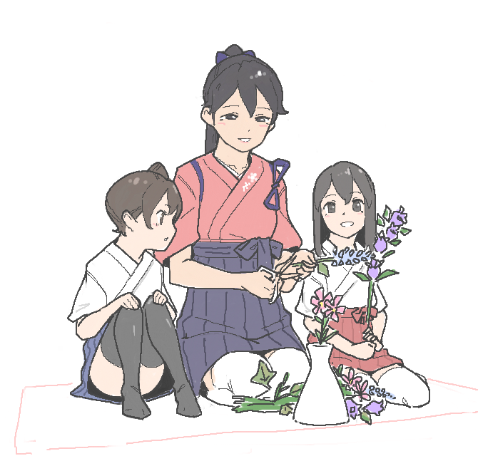 10s, 3girls, akagi_(kancolle), child, flower, houshou_(kancolle), ikebana, japanese_clothes