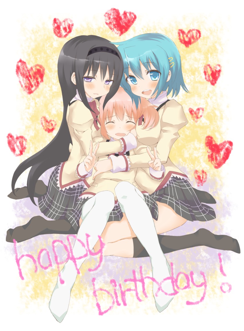 10s, 3girls, :d, akemi_homura, bad_id, bad_pixiv_id, black_hair, blue_eyes