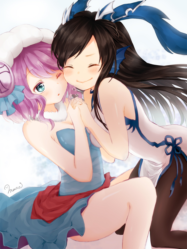 2girls, ;o, artist_name, bare_shoulders, black_hair, black_legwear, blue_dress, blue_eyes, blush, breast_press, breasts, cheek-to-cheek, china_dress, chinese_clothes, cleavage, dragon_girl, dragon_horns, dress, fins, fur_trim, hat, head_fins, heads_together, holding_hands, horns, interlocked_fingers, karin_(p&amp;d), kneeling, legs, long_hair, multiple_girls, one_eye_closed, open_mouth, pantyhose, purple_hair, puzzle_&amp;_dragons, riku_manoue, short_hair, sitting, skuld_(p&amp;d), smile, strapless, strapless_dress, symmetrical_docking, wavy_mouth, white_dress