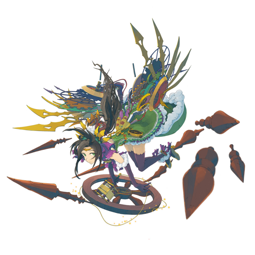 1girl, bare_shoulders, berry, black_hair, blurry, circlet, clock, colored_eyelashes